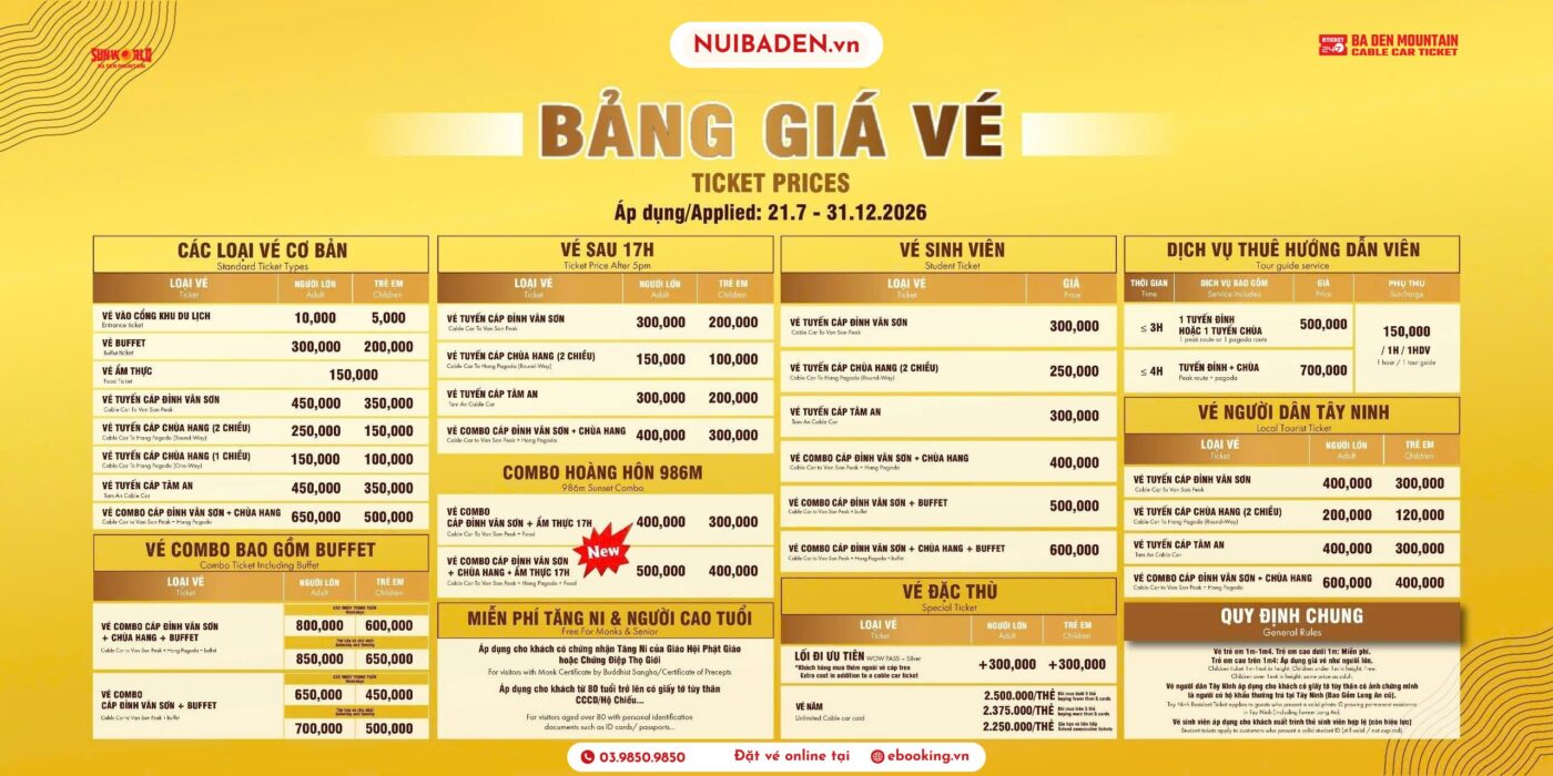 Bảng giá vé cáp treo núi Bà Đen