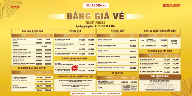 Bảng giá vé cáp treo núi Bà Đen